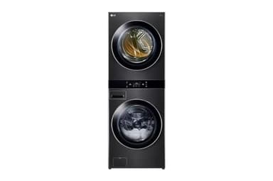WashTower Stacked Smart Laundry Center 5.0 Cu.Ft. Front Load Washer & 7.4 Cu.Ft. Gas Dryer in Black Steel w/Steam