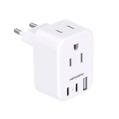 European Travel Plug Adapter USB C, HANYCONY International Plug Adapter, US to Europe Adapter Plug 2 Outlets 3 USB Ports(2 C Port), Type C Power Adapter to Italy Spain France Portugal Iceland Germany