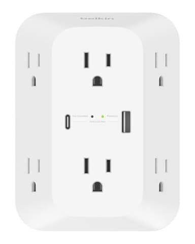 Belkin 6-Outlet Surge Protector Power Strip, ETL-listed, Wall-Mountable w/ 6 AC Outlets, Overvoltage Protection, LED Indicator, USB-C & USB-A Ports w/ USB-C PD Fast Charge - 1,680 Joules of Protection