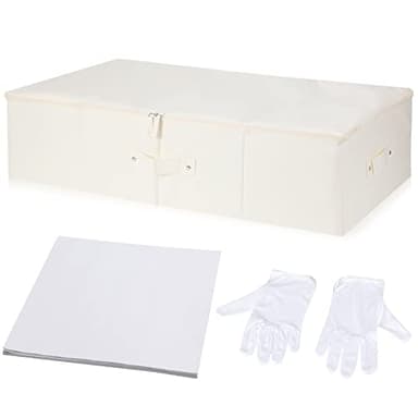 Glenmal Wedding Dress Preservation Box Kit Dress Storage Box with 1 Microfiber Gloves and 100 Sheets Acid Free Tissue Paper for Storage Wedding Clothing Gown(28 x 15.7 x 7 Inch,Beige, White)