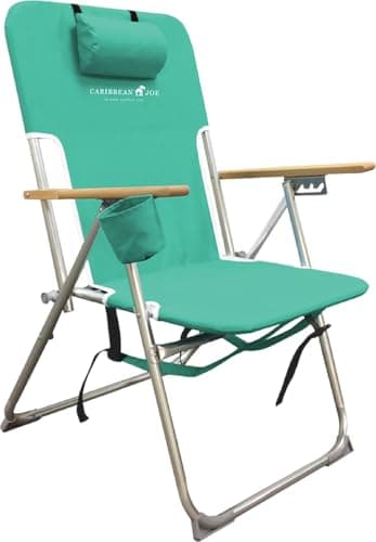 CARIBBEAN JOE 300lb Capacity Folding Beach Sand Chair, 4 Position Reclining, High Seat, Portable Backpack Carry Straps, Camping, Headrest, Cup Holder, Wooden Armrests, Teal
