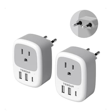 2 Pack European Travel Plug Adapter, TESSAN US to Europe Plug Adapter with 3 USB Ports (1 USB C), Type C Power Outlet for EU International Italy Iceland Spain France Germany