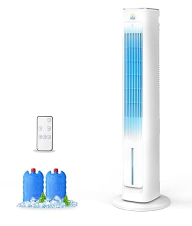 Exnos Portable Evaporative Air Cooler, 3-in-1 Cooling Fans that Blow Cold Air With 3L Water Tank, 38'' Tower Fan for Bedroom, Office with 3 Speeds, 12H Timer, Oscillation, 2 Ice Packs