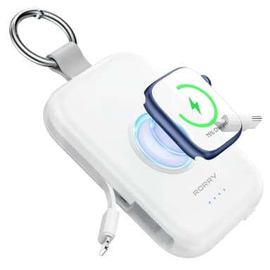 RORRY CharmGo Portable Charger, 5000mAh Portable Charger Power Bank with Built-in Cables, Travel Keychain Battery Pack for Apple Watch and iPhone Air/17/16/15/14/13/12, White