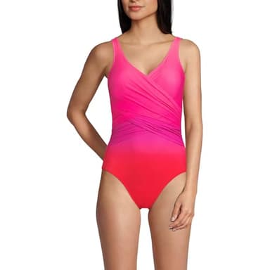 Lands' End Womens Slender Suit Wrap One Piece Swimsuit Pink Multi Ombre Regular 12