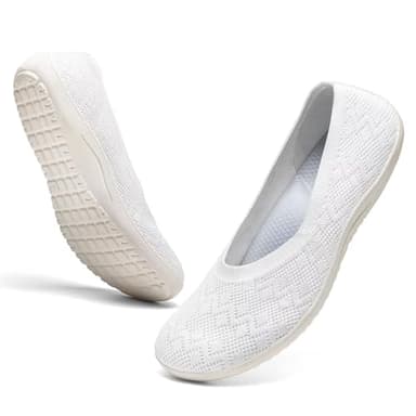 DEXJEWU Women's Wide Toe Box Flats Shoes Knit Ballet Flat Slip-on Dress Walking Comfort Shoes, 005 White, 8