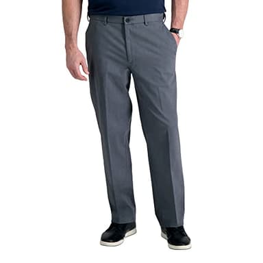 Haggar Mens Premium No Iron Khaki Classic Fit Expandable Waist Flat Front Casual Pants, Charcoal Heather, 36W x 29L US
