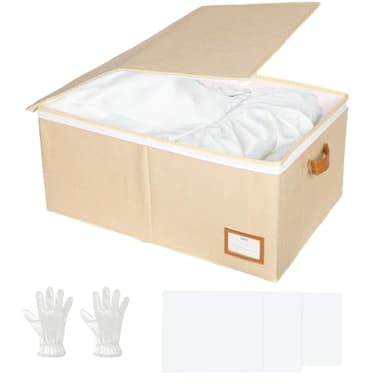 Wedding Dress Storage Box, Wedding Dress Preservation Box with Lid, Foldable Acid-Free Organizer with 1 Pair of Microfiber Gloves and 20 Sheets of Acid-Free Paper (1, Large)