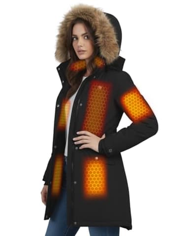 HEARTOVA Women Heated Long Jacket Rechargeable 18400 mAh Battery Pack, Electric Warming Waterproof Winter Coat Detachable Hood Graphene, Black, L, Gift for Mom Grandma Sister Girlfriend Wife Birthday