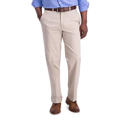Haggar Men's Iron Free Premium Khaki Classic Fit Flat Front Expandable Waist Casual Pant, Sand, 44 x 30