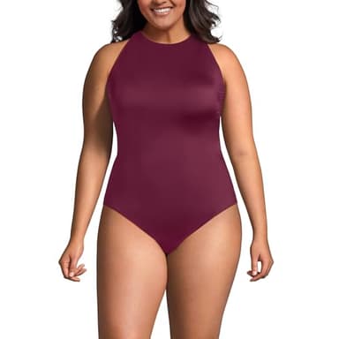 Lands' End Women's Tugless High Neck Portrait Back One Piece Swimsuit 10 Berry