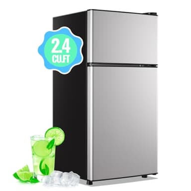 DEMULLER Mini Fridge with Freezer, 45L Personal Refrigerator Only for One Person Use, Silver Tiny Small Size Refrigerator with 7 Level Adjustable Temperature and Double Door