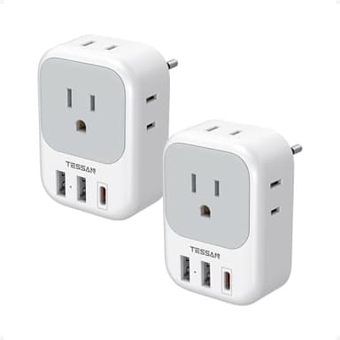 TESSAN 2 Pack European Travel Plug Adapter, Europe Power Converter 4 Outlets 3 USB(1 USB C PD 20W), Type C International Adaptor to Italy Spain France Portugal Iceland Germany, EU Travel Essentials
