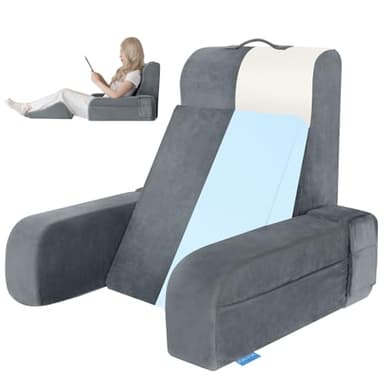 Kayfia Reading Pillow, 10 in 1 Back Pillow for Bed Sitting up with Detachable Arms Rest, Back Rest with Gel Memory Foam, Reading/Gaming/Working in Bed or Couch 19", Gray