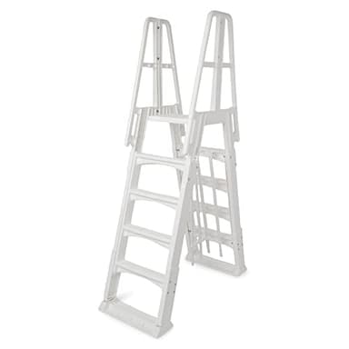 Vinyl Works SLA A-Frame 48 to 56 Inch Adjustable Above Ground Swimming Pool Ladder Entry System with Slide Lock Barrier and Handrails, White