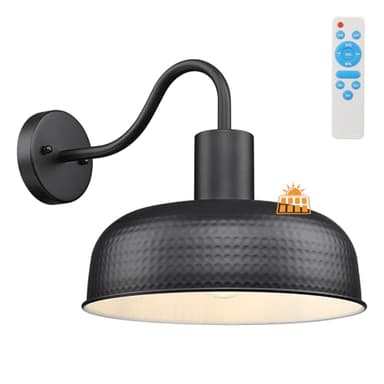 Darkaway Solar Barn Light, Industrial Outdoor Wall Light Dusk to Dawn Wall Sconce Gooseneck Exterior Wall Mount Lighting Fixture with Hammered Dome Metal Shade for House Garage Porch Shed Hallway