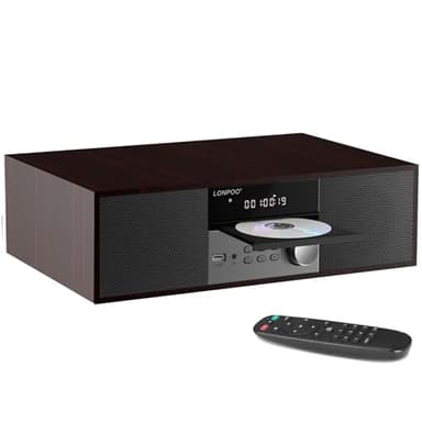 LONPOO Stereo Shelf System for Home, Vintage CD Player 40W RMS Micro Mini System with Remote Control, Bluetooth, FM Radio, USB MP3 Playback & Aux-in,Brown