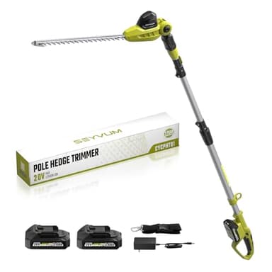 SEYVUM 20V 20 inch Cordless Pole Hedge Trimmer, 9 Feet Reach, Electric Hedge Trimmer with Extension Pole for Shrubs Pruning, Multi-Angle (2 Packs 2.0Ah Batteries and Charger Included)