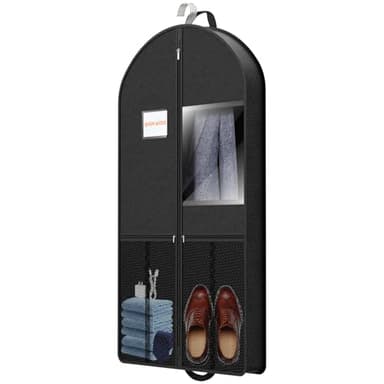 Suit Garment Clothes Travel Bag: 43 inch Lightweight Foldable Black Short Fabric Breathable - Hanging Storage Cover Pockets Zipper for Men - Wardrobe Carry Coat Jacket Uniform Tuxedo Shirt