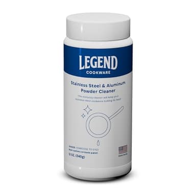 LEGEND COOKWARE Stainless Steel Powder Cleaner, 12oz - Removes Tough Stains, Burnt-On Food - No Harsh Chemicals - Works on Stainless Steel & Aluminum Cookware - Made in USA - Restores Shine