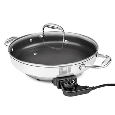 Electric Skillet By CucinaPro- 18/10 Stainless Steel, Frying Pan w Non Stick Interior, Tempered Glass Lid w Handles, 12" Round, Temperature Control Probe for Adjustable Heat Settings, Portable, Gift