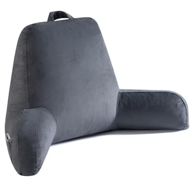 OAISZ Reading Pillow for Sitting in Bed Adult, 19" Reading Pillow with Shredded Memory Foam, Back Pillow for Sitting Up with Extend Arms, Pockets, Bed Pillow with Washable Cover, Grey
