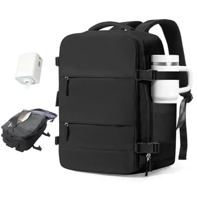 Vacuum Travel Backpack with Pump Women,Personal Item Carry on Backpacks Flight Approved 18x14x8 inches Men,Laptop Waterproof Work Compression bags Casual Daypack Mochila de Viaje Compresion al Black