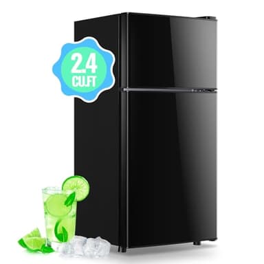 DEMULLER 2.4 Cu.Ft Mini Fridge with Freezer & Double Door Small Tiny Size Refrigerator with 7 Temperature Control Knob Only Suitable for One Person Use Black