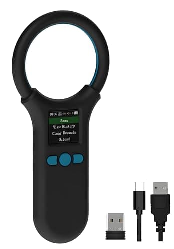 Rabitpos Pet Microchip Scanner, Animal Universal Microchip Tag Reader Scanner with 1.44” TFT Screen, 500 Pieces Data Storage, 800mAh Rechargeable Battery, 3-in-1 Connections