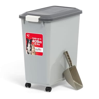 IRIS USA Dog Food Storage Container with Wheels, Airtight Lid, 2-Cup Scoop, Up to 40 Pounds Pet Food Storage, Built in Scoop Storage in Lid, Versatile Pet Food Bin, Portable, BPA Free, Gray/Dark Gray