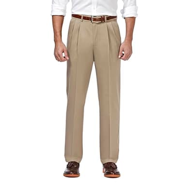 Haggar Mens Premium No-Iron Classic-fit Expandable-Waist Pleat-Front Casual Pants, Khaki, 38W x 30L US