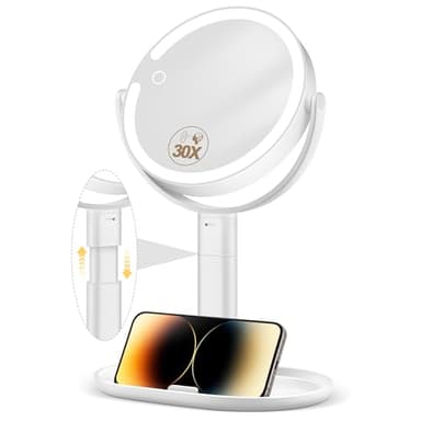 MOMOKUBA Makeup Mirror with Lights, 30X Magnifying & Height Adjustable, Lighted Magnifying Mirror with 3 Light Modes and Stepless Dimming, Vanity Mirrors for Bathroom, Birthday Gift for Women, White