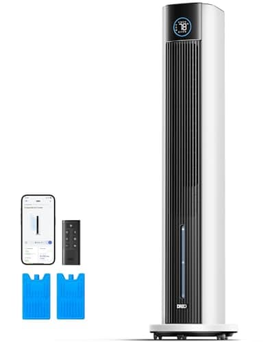 DREO Evaporative Air Swamp Cooler, 43" Cooling Fans that Blow Cold Air 2026 Upgraded, 80° Oscillating Floor Fan for Bedroom, Easy Cleaning, APP Control, Ice Packs, 4 Speeds & 4 Modes, 12H Timer, White