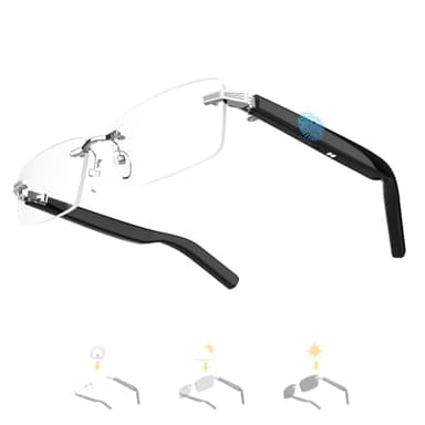 Faifxo Smart Glasses Rimless Smartglasses with Bluetooth Speaker,Remote Control Photo Taking/UV Protection Voice Control (Photochromic Lenses)