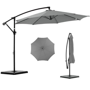 NEWBULIG 10FT Patio Umbrella with Base Included, Offset Cantilever Outdoor Patio Table Umbrella, UV Protection, Fade Resistant Fabric, Easy Tilt Adjustment for Pool, Deck, Garden, Backyard, Gray