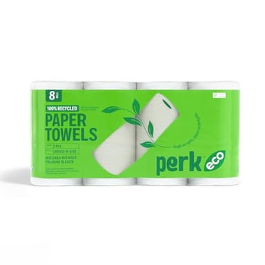 Perk Eco Recycled Paper Towels, 2-ply, 156 Sheets/Roll, 8 Rolls/Pack