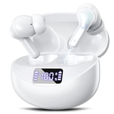 Fhumsh Wireless Earbuds, Bluetooth 5.4 Headphones HiFi Stereo 50H Playback LED Digital Display Ear Buds with ENC Noise Canceling Headset, IPX7 Waterproof Earphones for Running/Workout (White)