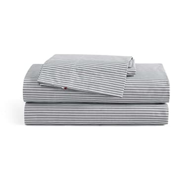 Tommy Hilfiger - Queen Size Sheets Set, Crisp & Tailored Cooling Sheets with a Smooth Cotton Percale Lightweight Feel - Bed Sheets with Matching Pillowcases & Fitted Sheet (Highland Ticking Navy)