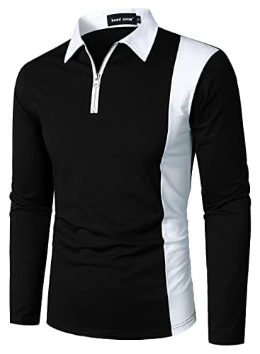 HOOD CREW Mens Long Sleeve Polo Shirts Fashion Color Block Zipper T Shirts Black S