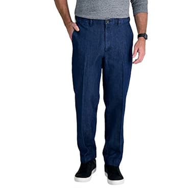 Haggar Men's Stretch Denim Expandable Waist Classic Fit Flat Front Pant, Medium Blue, 36Wx29L