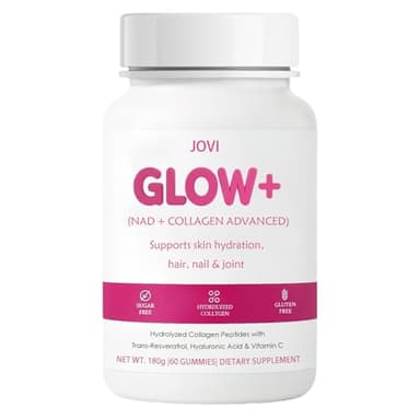 KFASJON Jovi Nutrition Glow+ NAD+ & Collagen Gummies,Multi-Type Hydrolyzed Collagen Peptides with Resveratrol, Hyaluronic Acid, Vitamin C & E, Skin, Hair & Nail Nutritional Support