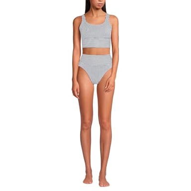 Lands' End Women's Tugless Midkini Top and High Waisted Bottom Swimsuit Set X-Large Deep Sea Navy Mini Stripe