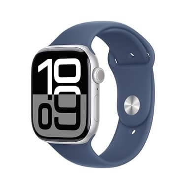 Apple Watch Series 10 [GPS 46mm case] Smartwatch with Silver Aluminum Case with Denim Sport Band - M/L. Fitness Tracker, ECG App, Always-On Retina Display, Water Resistant