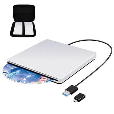 Guamar USB 3.0 Superdrive for Apple: External CD Drive for Mac MacBook Plug & Play Portable DVD Player Burner for Laptop PC Windows with USB-C Adapter/Carrying Case - Aluminum Silver