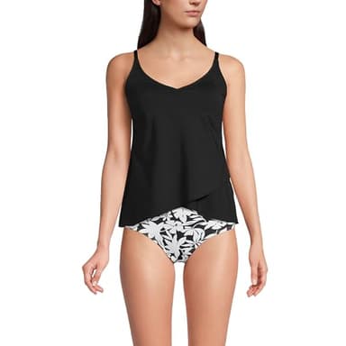 Lands' End Womens Chlorine Resistant V-Neck Strappy Tulip Hem Tankini Top Black Regular Large