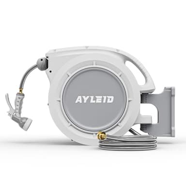Ayleid Wall Mounted Retractable Hose Reel,1/2" x 100ft Garden Hose with 9- Function Sprayer Nozzle,Any-Length Lock,Auto Rewind & Slow Return System,180° Swivel Bracket (Grey)