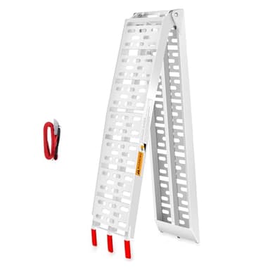 VENDAV Aluminum Motorcycle Ramp for Pickup Trucks, 7.5 ft Folding Dirt Bike Loading Ramp, Punched Plate Surface, 750 lb Capacity, Rubber-Tipped Fingers, Strap Included, 89 x 12 in, 1 Pc