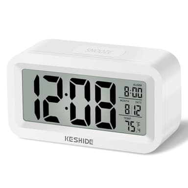 KESHIDE Travel Digital Alarm Clock, Battery Operated with Indoor Temperature, Desk Small Clock,Snooze Model,12/24H Display for Bedrooms Heavy Sleepers Kids Travel Bathroom