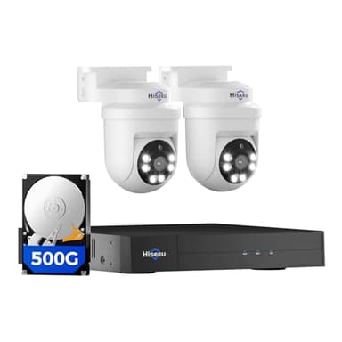 Hiseeu 3K 360°View PTZ Wired Security Camera System with Color Night Vision,Audio,4ch 5MP DVR,2PCS Cameras,500G HDD,Person/Vehicle Detection,Home CCTV Camera System