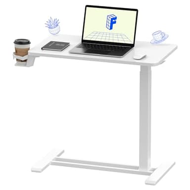FLEXISPOT H7 Adjustable Overbed Bedside Table with Wheels Pneumatic Mobile Standing Desk Laptop Desk Rolling Computer Cart Movable Overbed Table Hospital Home Use(27.6" W x 15.7" D, White)